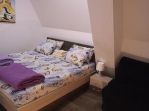 a small bedroom with a bed with purple sheets and pillows at Apartments Mitic in Kopaonik
