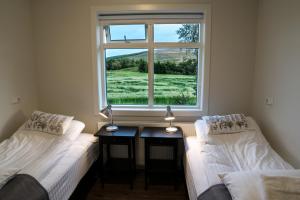 two beds in a room with a window at Breidamyri Farm Apartments in Laugar