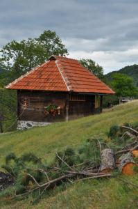 un edificio con techo rojo en una colina en Etno kuće Boškova Voda, en Zlatibor