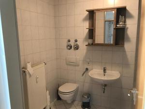 La salle de bains est pourvue de toilettes et d'un lavabo. dans l'établissement Ferienwohnung am Clara Park, à Leipzig