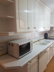 Biała kuchnia z kuchenką mikrofalową i zlewem w obiekcie Apartamento Eduardo Dato w Sewilli