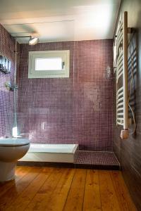 een badkamer met een douche, een toilet en een raam bij Casa da Oliveira in Porto