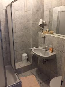 y baño con ducha, lavabo y aseo. en Hotel Restaurant Germania en Neuwied