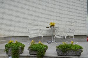 
a row of lawn chairs sitting on top of a patio at Haus Donaublick in Engelhartszell
