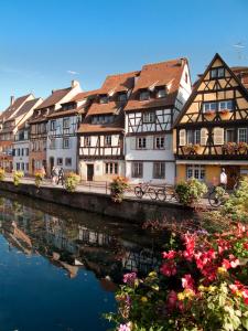 un grupo de edificios junto a un río con flores en Le Schwendala - Quartier Petite Venise, en Colmar