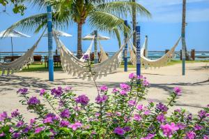 a row of hammocks on the beach with flowers at Villa dos Corais in Morro de São Paulo