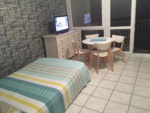 - une chambre avec un lit, une table et une télévision dans l'établissement Appartement Saint Jean, à Metz