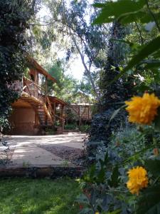 a log cabin in the woods with yellow flowers at Cabañas Las Moras in Tandil