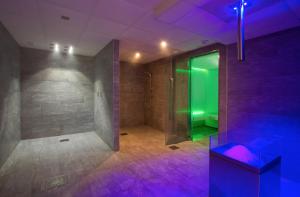 a bathroom with a walk in shower and a green door at Résidence Prestige Odalys Front de Neige in Plagne Villages