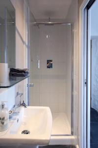 a bathroom with a shower and a sink at Little Trewin in Helston