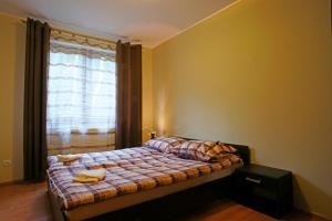 sypialnia z łóżkiem z kocem i oknem w obiekcie Apartamenty Pod Izbicą w mieście Karpacz