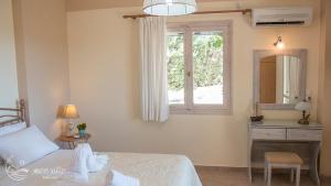 1 dormitorio con cama, ventana y escritorio en Muses Villas, en Finikounta