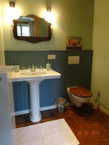 uma casa de banho com um lavatório, um WC e um espelho. em Moulin de Sévoux em Malétable