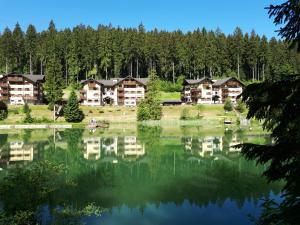 a view of a lake with houses in the background at Hrabovo Alžbeta 16 in Ružomberok