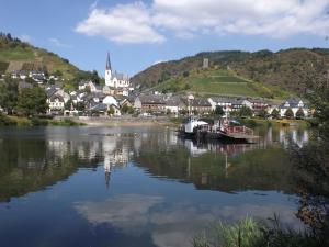 a town on a river with boats in the water at Zum Achten Himmel in Klotten