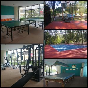 4 photos d'une table de ping-pong et d'un court de tennis dans l'établissement VIP condo rayong, à Ban Phe