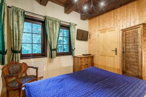 a bedroom with a blue bed and two windows at Medvědí skála in Čeladná