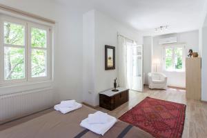 a living room with white walls and a red rug at Gems of Zagora in Zagora +15 photos