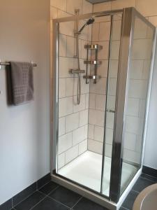 La salle de bains est pourvue d'une douche avec une porte en verre. dans l'établissement Wellesley Avenue, à Belfast