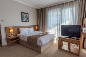 a hotel room with a bed and a flat screen tv at Hotel Almina Park in Duzce