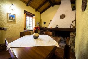 a dining room with a table and a fireplace at B&B I Menhir in Sorgono