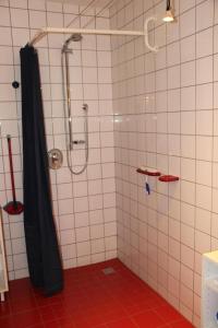eine Dusche mit einem schwarzen Duschvorhang im Bad in der Unterkunft Ferienwohnung zum blauen Elefanten in Reith bei Kitzbühel