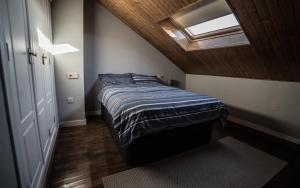 a small bedroom with a bed with a skylight at Apartments Madrid Principe in Madrid