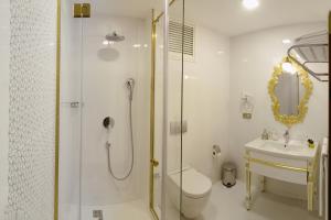 a bathroom with a shower and a toilet and a sink at MB Deluxe Hotel in Istanbul