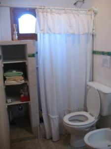 a bathroom with a toilet and a white shower curtain at Cabañas Lycas II in El Bolsón
