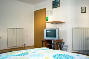 a bedroom with a bed and a tv and radiator at Apartment Mavrica in Bovec
