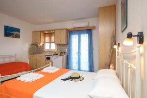 Una pequeña cocina con una cama en una habitación. en Studios Sofia Dream, en Agia Anna de Naxos