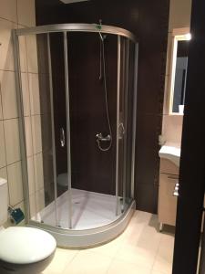 a glass shower in a bathroom with a toilet at Rich-3 SP apartments in Ravda +9 photos