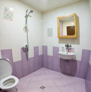 a purple and white bathroom with a toilet and sink at Guest House Villa Bozhenitsa in Bozhenitsa +33 photos