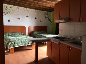 - une cuisine avec cuisinière et un lit dans une chambre dans l'établissement Hotel Terraza Castro, à Zacatecas
