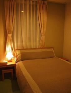 - une chambre avec un lit et une fenêtre avec une lampe dans l'établissement Aso Base Backpackers, à Aso