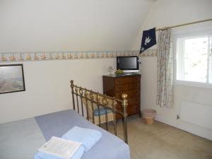 um quarto com uma cama, uma televisão e uma janela em Mayertorne Cottage em Aylesbury