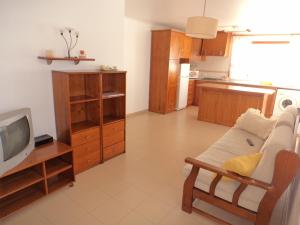Una sala de estar con un sofá y un televisor. en Amoreiras, en Peniche