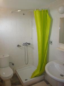 a bathroom with a shower with a green shower curtain at Calamon Apartments in Episkopí- Rethimno