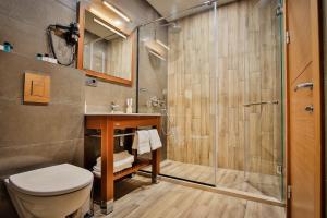 La salle de bains est pourvue d'une douche, de toilettes et d'un lavabo. dans l'établissement Ameri Plaza Tbilisi, à Tbilissi