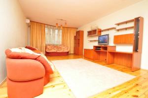 uma sala de estar com um sofá e uma televisão em Dayflat Apartments on the Left Bank em Kiev