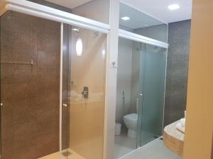 a glass shower in a bathroom with a toilet at Hotel B&S in Nova Andradina