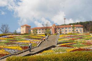 a field of flowers in front of a building at Fruit Park Fujiya Hotel in Yamanashi