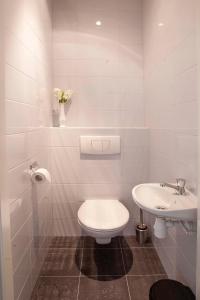 een witte badkamer met een toilet en een wastafel bij Hoeve Springendal Erf&Bron in Hezingen