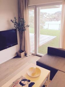 un soggiorno con TV, divano e tavolo di Knudsen Apartment a Bergen