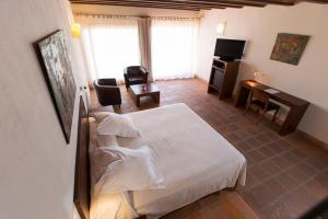 una camera da letto con un letto, una scrivania e una televisione di Hotel Cal Naudi a Les Cases d'Alcanar