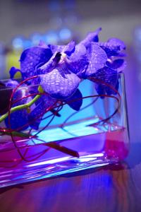 a vase filled with purple flowers on a table at Malmaison London in London