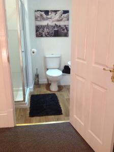 a bathroom with a toilet and a painting on the wall at Abbey Guest House in Peterhead