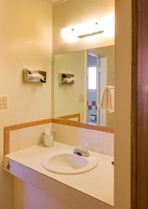 a bathroom with a sink and a mirror at Sunset Motel Moriarty in Moriarty