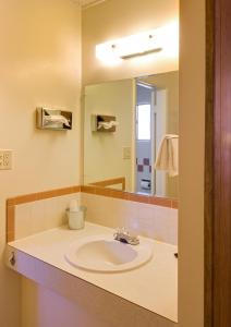 a bathroom with a sink, mirror and a towel rack at Sunset Motel Moriarty in Moriarty