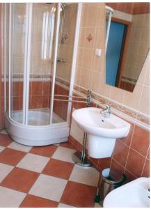 y baño con ducha y lavamanos. en Gosciniec Tombor, en Katowice